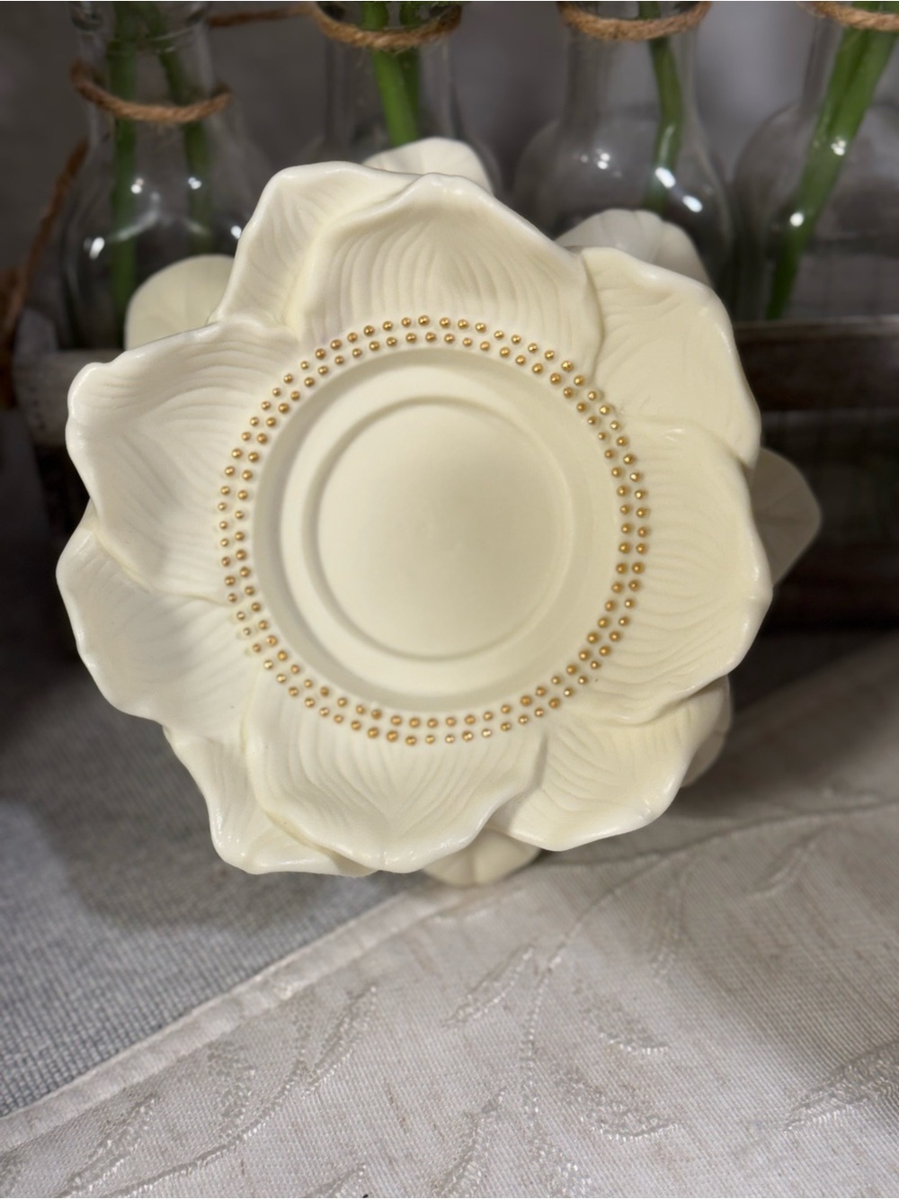 Vintage 3 pc PartyLite Magnolia Lotus Candle Holder P7369 White Bisque Porcelain